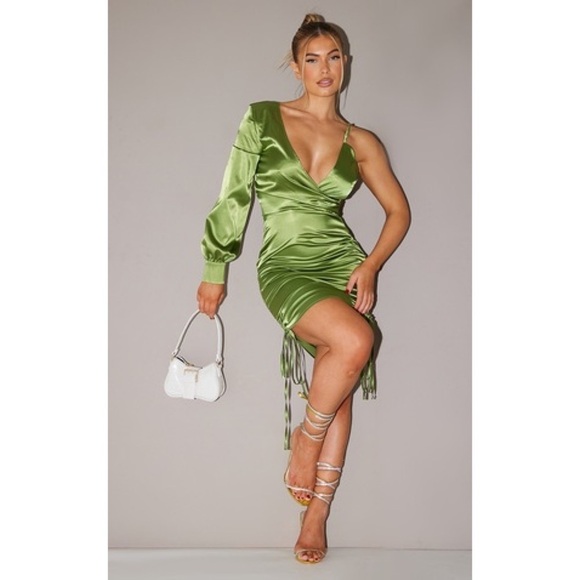 Pretty Little Things Olive Satin One Shoulder Ruched Bodycon Dress - Picture 1 of 10